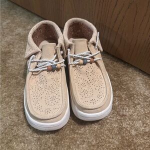 Hey Dude Tan and White Moccasins with Elastic Goring